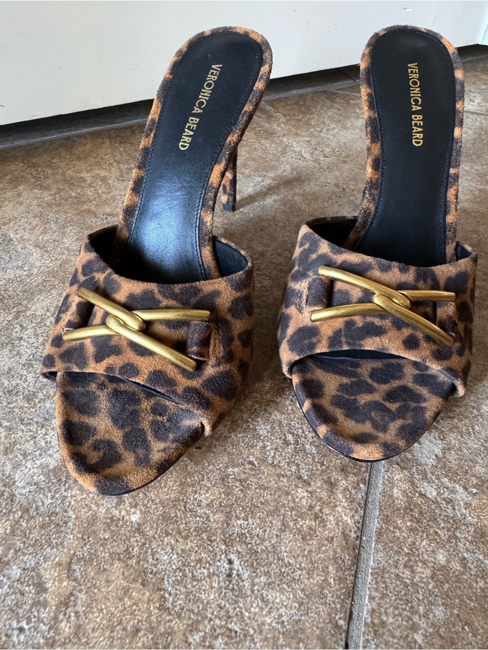 Veronica Beard Leopard-Print Suede Mule Heels with Gold Buckle - Picture 2 of 5